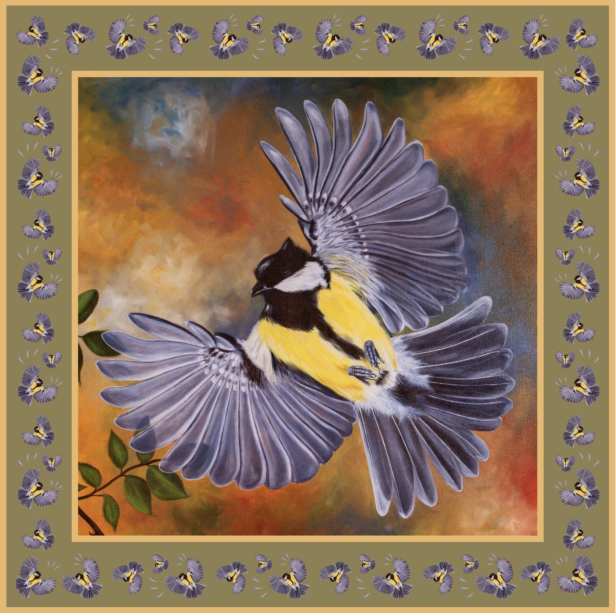 Bird In Flight silk scarf in olive green with great tit bird and flying birds border