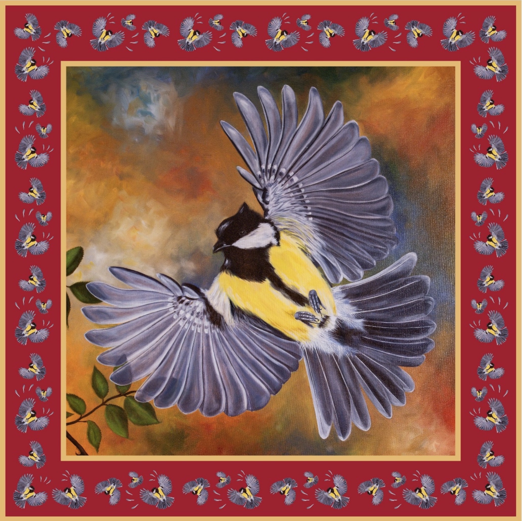 Bird In Flight silk scarf in deep red with great tit bird and flying birds border