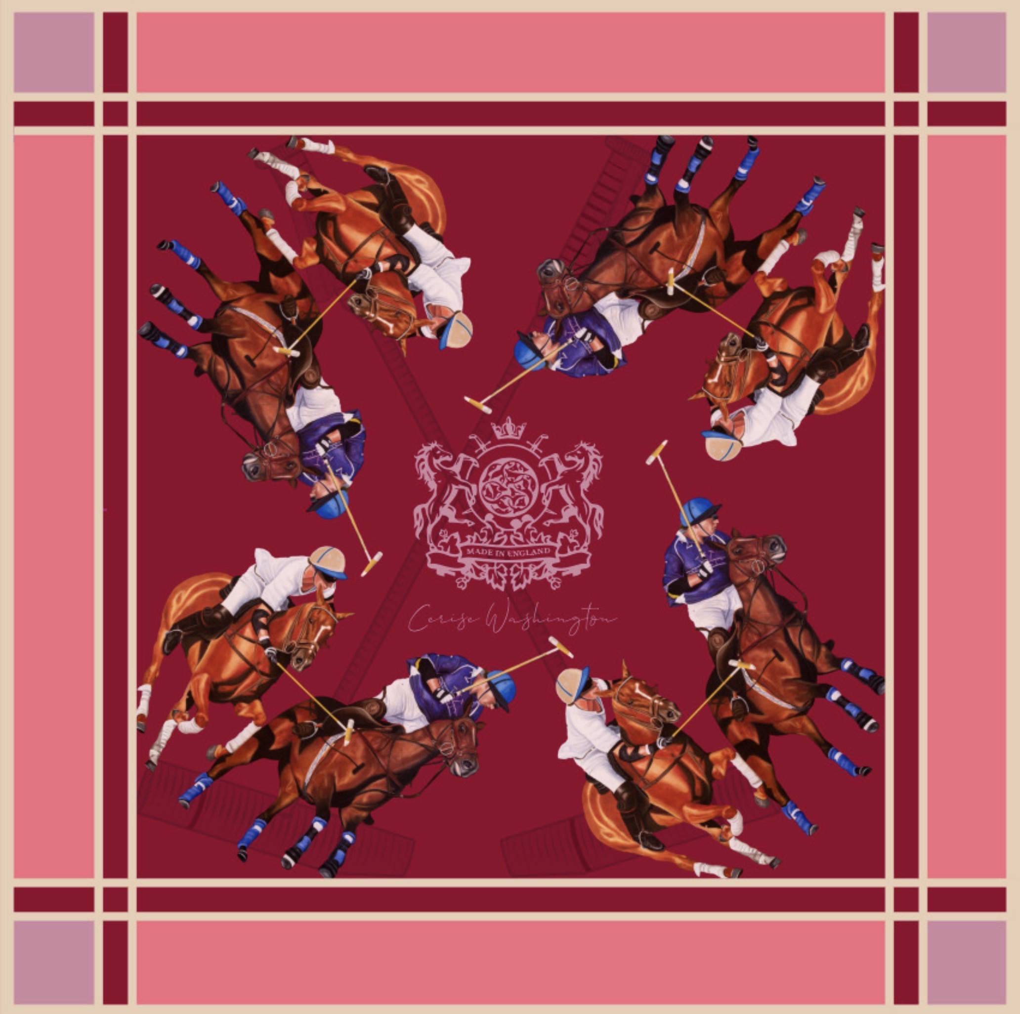 Equestrian Elegance silk scarf in burgundy with polo players on horseback and heraldic crest
