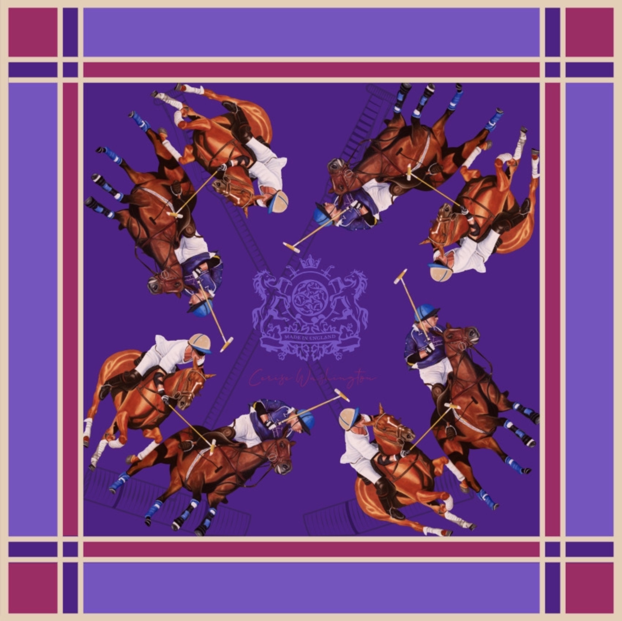 Equestrian Elegance silk scarf in purple with polo players on horseback and heraldic crest