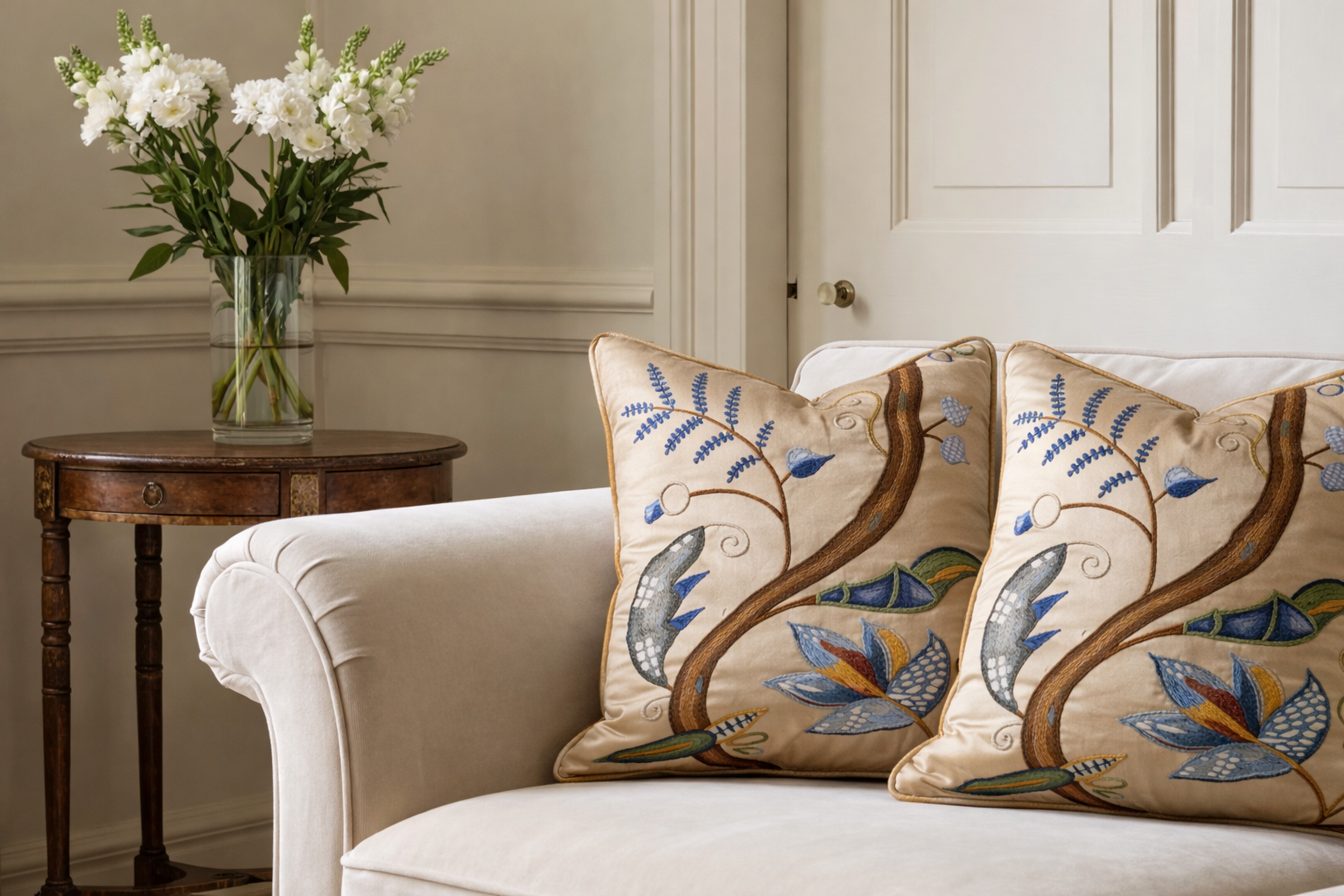 Cushions upholstered in painterly abstract fabric designs by Cerise Washington