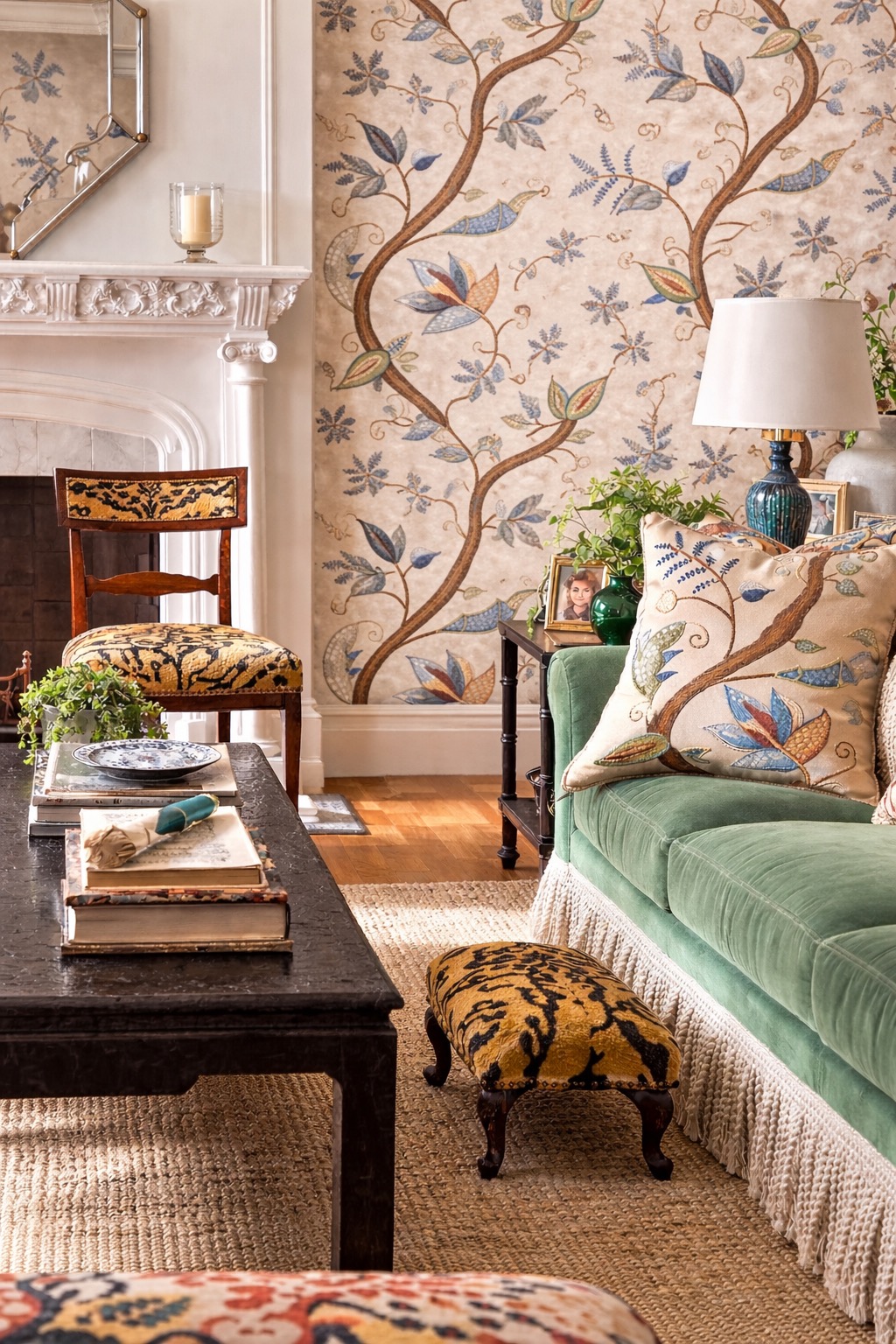 Sophisticated British living room featuring botanical fabric wallpaper, matching cushion, green velvet sofa, and tiger print upholstered furniture by a marble fireplace