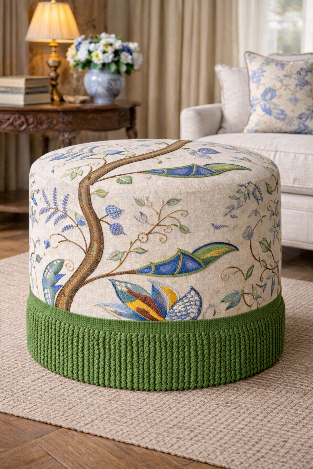 Round ottoman with crewel embroidered tree-of-life fabric and sage green bullion fringe