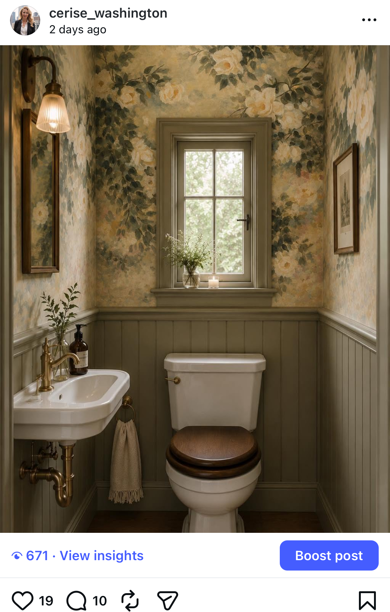 Powder room with painterly floral rose wallpaper, sage green beadboard panelling, brass fittings, and a wall-mounted basin