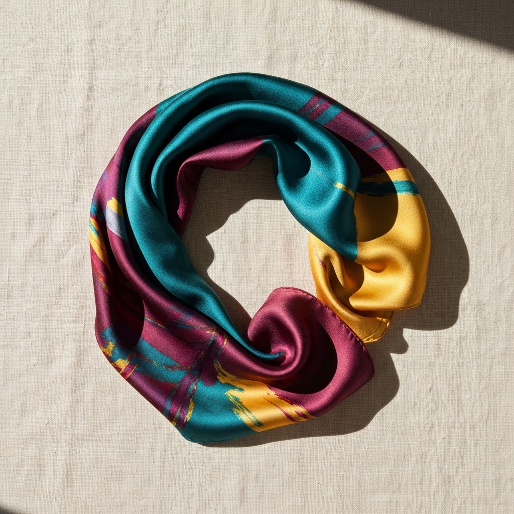 Luxury silk scarf with painterly abstract design draped on cream linen