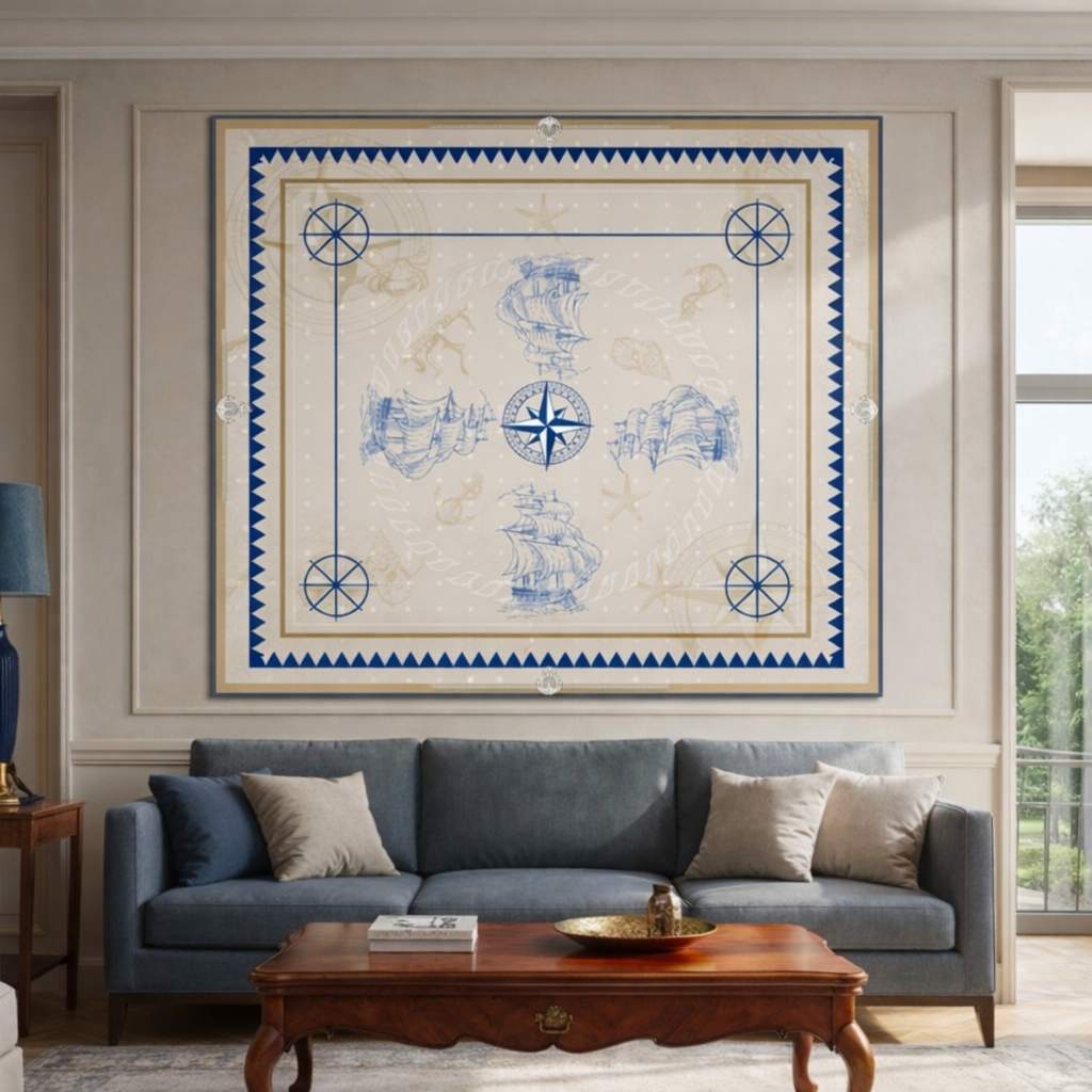 Framed silk scarf as wall art in luxury living room
