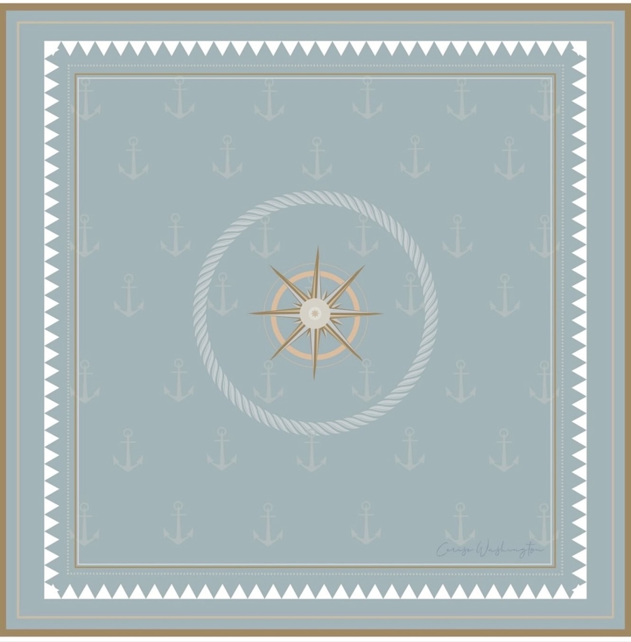 Compass Rose nautical silk scarf in slate blue with a central compass star inside a rope circle surrounded by anchor motifs