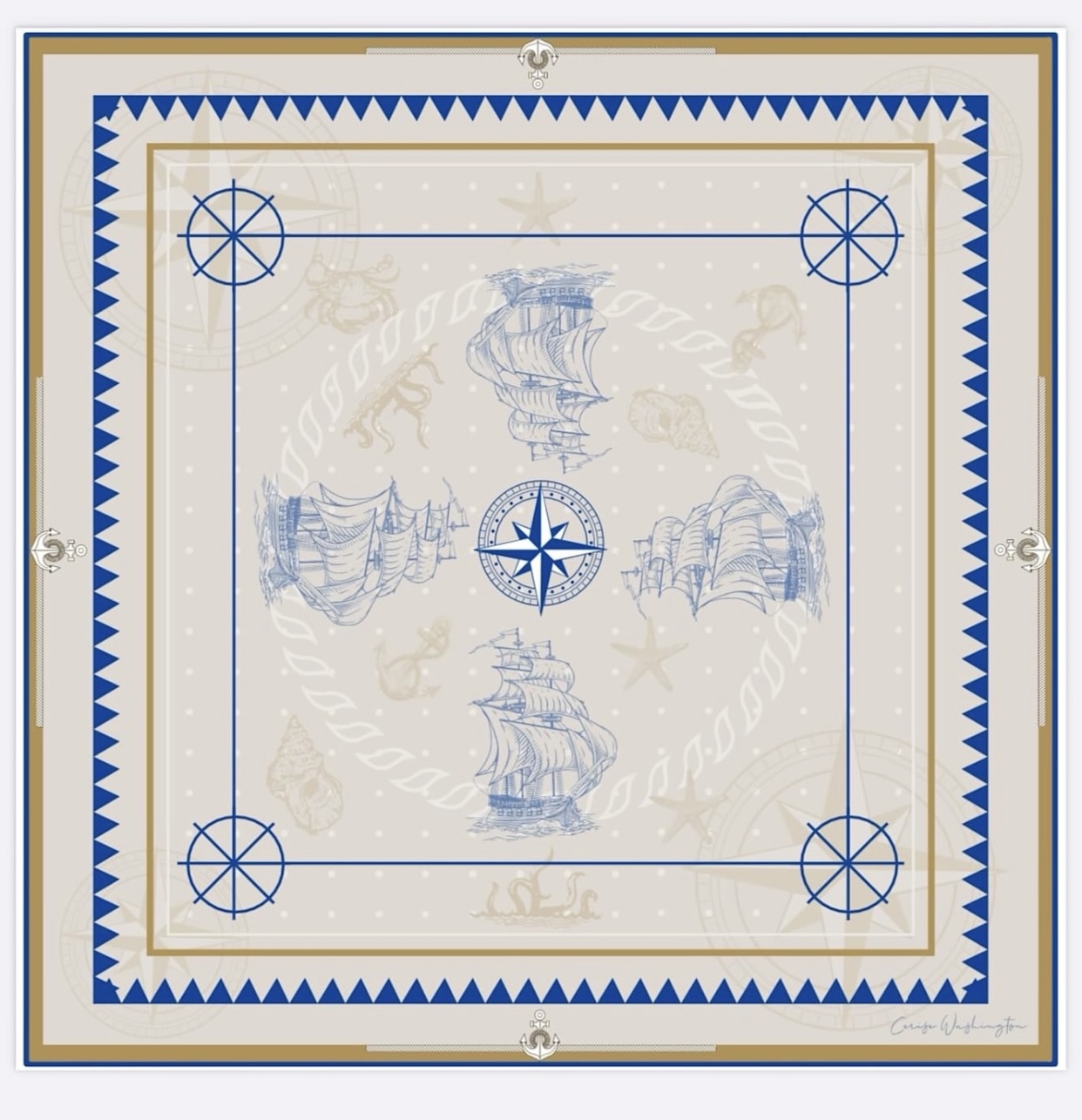 Seafarers Dream nautical silk scarf in cream and navy with tall sailing ships, compass rose and ship's wheels in the corners