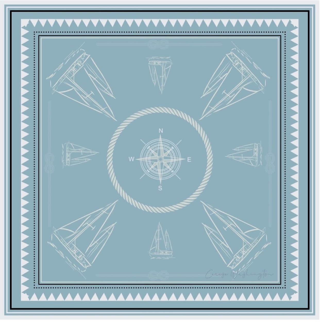Silver Mast nautical silk scarf in slate blue with a central compass rose and sailing yachts in the corners